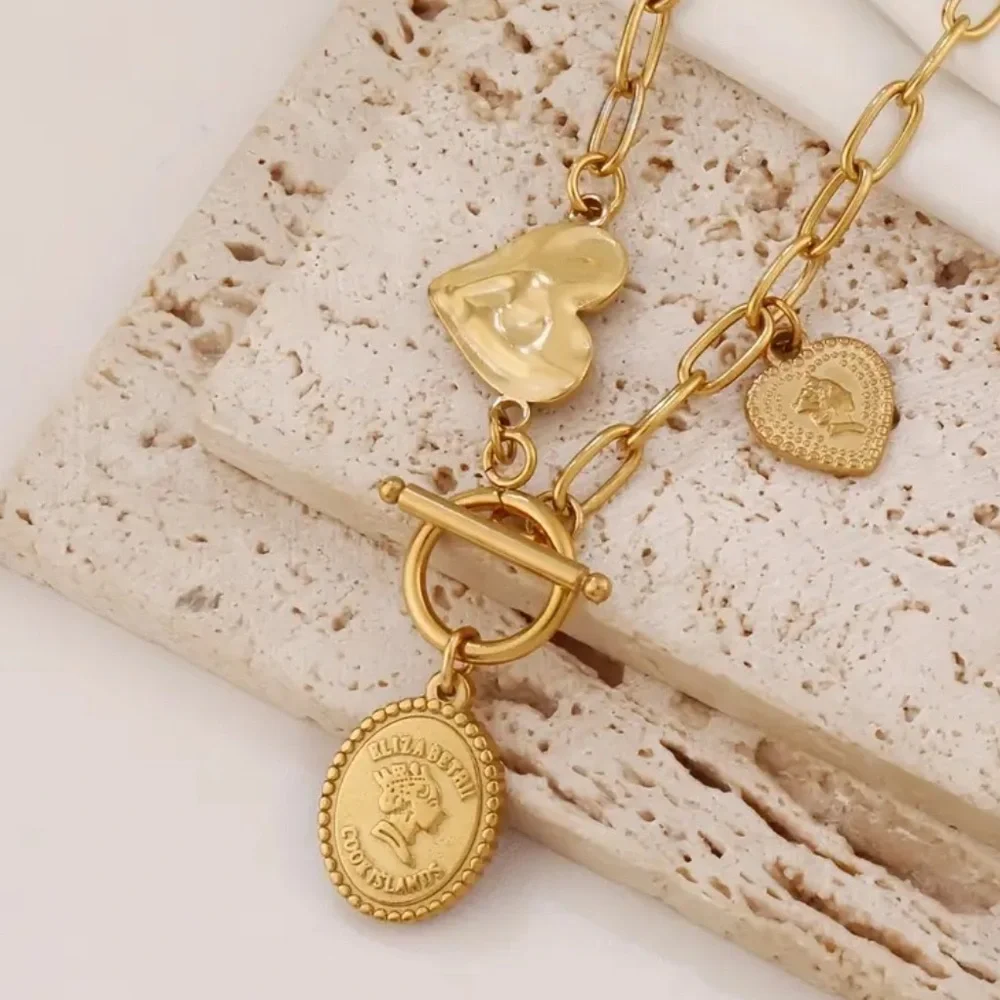 Stainless Steel Vintage Coin & Heart Charm - Golden-Tone 3-Pendant Layered Chain - Picture 3 of 4